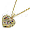 Oro Laminado Pendant Necklace, Gold Filled Style Heart Design, with Multicolor Micro Pave, Polished, Golden Finish, 04.156.0308.3.20