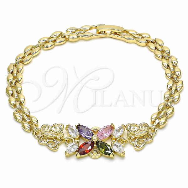 Oro Laminado Fancy Bracelet, Gold Filled Style Flower and Butterfly Design, with Multicolor and White Cubic Zirconia, Polished, Golden Finish, 03.357.0014.1.07