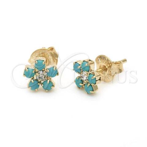 Oro Laminado Stud Earring, Gold Filled Style Flower Design, with Aquamarine Crystal, Polished, Golden Finish, 02.09.0126