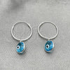 Sterling Silver Small Hoop, Evil Eye Design, with Aqua Blue Crystal, Polished, Silver Finish, 02.401.0035.15