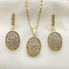 Oro Laminado Earring and Pendant Adult Set, Gold Filled Style Flower Design, with White Crystal, Polished, Golden Finish, 10.314.0007.1