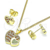 Oro Laminado Earring and Pendant Adult Set, Gold Filled Style Heart Design, with Garnet and White Micro Pave, Polished, Golden Finish, 10.199.0019.2