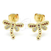 Oro Laminado Stud Earring, Gold Filled Style Dragon-Fly Design, with Garnet and White Micro Pave, Polished, Golden Finish, 02.156.0396.5