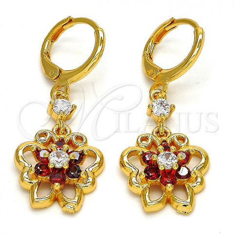 Oro Laminado Long Earring, Gold Filled Style Butterfly and Flower Design, with Garnet and White Cubic Zirconia, Polished, Golden Finish, 02.206.0029