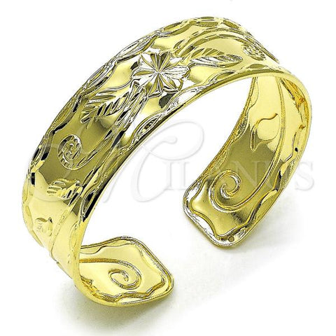 Oro Laminado Individual Bangle, Gold Filled Style Flower and Four-leaf Clover Design, Diamond Cutting Finish, Golden Finish, 07.168.0029