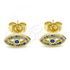 Oro Laminado Stud Earring, Gold Filled Style Evil Eye Design, with Multicolor Micro Pave, Polished, Golden Finish, 02.156.0548.1