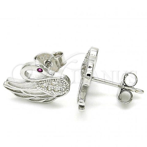 Sterling Silver Stud Earring, Swan Design, with Ruby and White Micro Pave, Polished, Rhodium Finish, 02.336.0105