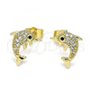 Oro Laminado Stud Earring, Gold Filled Style Dolphin Design, with White and Black Micro Pave, Polished, Golden Finish, 02.284.0044