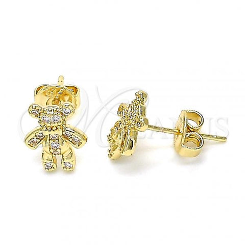Oro Laminado Stud Earring, Gold Filled Style Teddy Bear Design, with White Micro Pave, Polished, Golden Finish, 02.156.0427