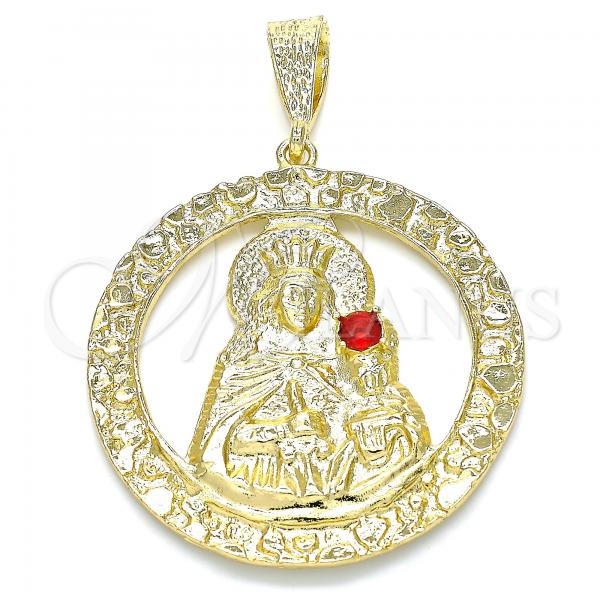 Oro Laminado Religious Pendant, Gold Filled Style Santa Barbara Design, with Garnet Crystal, Polished, Golden Finish, 05.213.0073