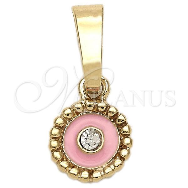 Oro Laminado Fancy Pendant, Gold Filled Style Flower Design, with White Crystal, Pink Enamel Finish, Golden Finish, 05.163.0069.1
