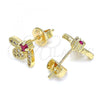 Oro Laminado Stud Earring, Gold Filled Style Dragon-Fly Design, with Ruby Cubic Zirconia and White Micro Pave, Polished, Golden Finish, 02.199.0028.2