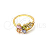 Oro Laminado Multi Stone Ring, Gold Filled Style Flower and Butterfly Design, with Multicolor and White Cubic Zirconia, Polished, Golden Finish, 5.172.011.09 (Size 9)