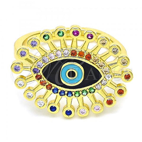 Oro Laminado Multi Stone Ring, Gold Filled Style Evil Eye Design, with Multicolor Micro Pave, Black Enamel Finish, Golden Finish, 01.368.0012.1 (One size fits all)