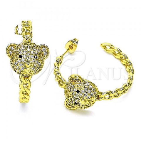 Oro Laminado Stud Earring, Gold Filled Style Teddy Bear Design, with White and Black Micro Pave, Polished, Golden Finish, 02.341.0127