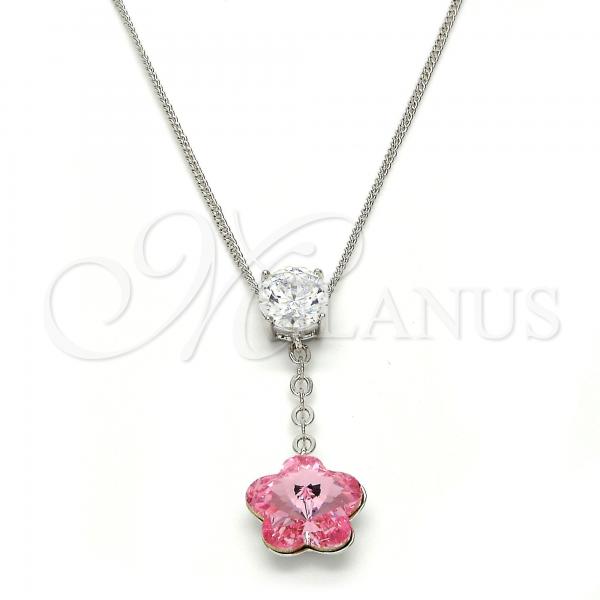 Rhodium Plated Pendant Necklace, Flower Design, with Light Rose Swarovski Crystals and White Cubic Zirconia, Polished, Rhodium Finish, 04.239.0048.16