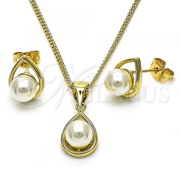 Oro Laminado Earring and Pendant Adult Set, Gold Filled Style Teardrop Design, with Ivory Pearl, Polished, Golden Finish, 10.156.0463