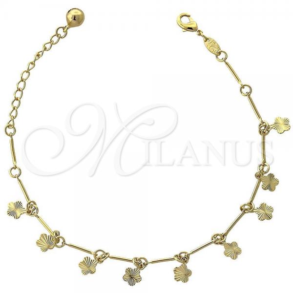 Oro Laminado Charm Bracelet, Gold Filled Style Flower and Rattle Charm Design, Diamond Cutting Finish, Golden Finish, 5.016.014.07