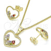 Oro Laminado Earring and Pendant Adult Set, Gold Filled Style Heart Design, with Multicolor Micro Pave, Polished, Golden Finish, 10.284.0010.2