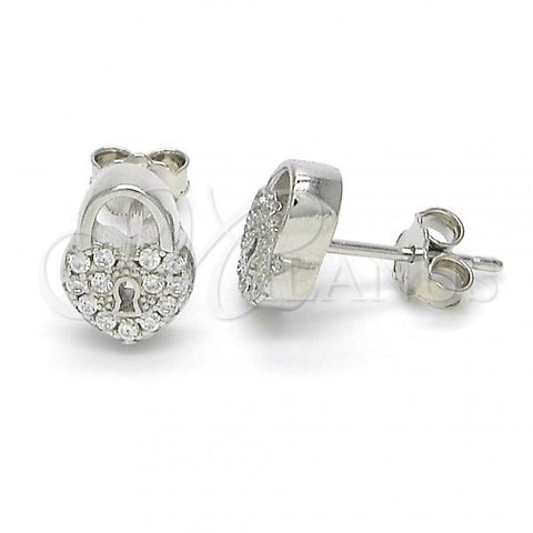Sterling Silver Stud Earring, Lock and Heart Design, with White Cubic Zirconia, Polished, Rhodium Finish, 02.336.0035
