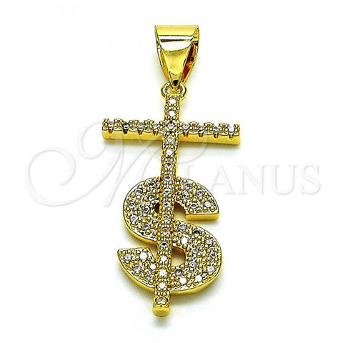 Oro Laminado Religious Pendant, Gold Filled Style Cross and Money Sign Design, with White Micro Pave, Polished, Golden Finish, 05.342.0152