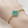 Oro Laminado Adjustable Bolo Bracelet, Gold Filled Style Four-leaf Clover and Box Design, with Turquoise Pearl and White Cubic Zirconia, Polished, Golden Finish, 03.341.0235.11