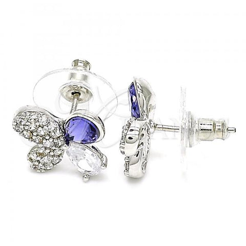 Rhodium Plated Stud Earring, Butterfly Design, with Tanzanite Swarovski Crystals and White Cubic Zirconia, Polished, Rhodium Finish, 02.26.0263