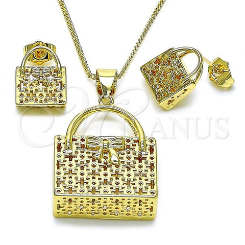 Oro Laminado Earring and Pendant Adult Set, Gold Filled Style Purse and Bow Design, Polished, Golden Finish, 10.156.0482