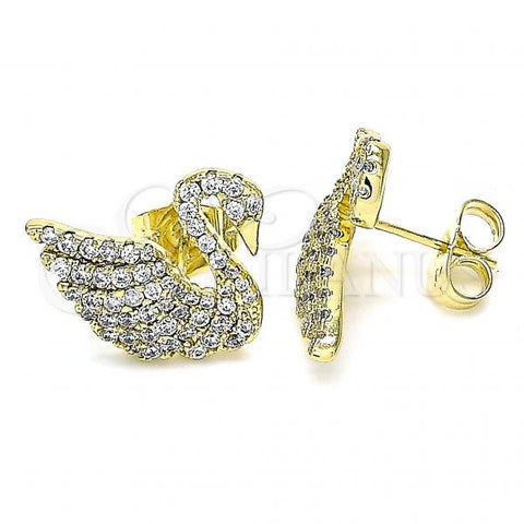 Oro Laminado Stud Earring, Gold Filled Style Swan Design, with White Micro Pave, Polished, Golden Finish, 02.26.0290