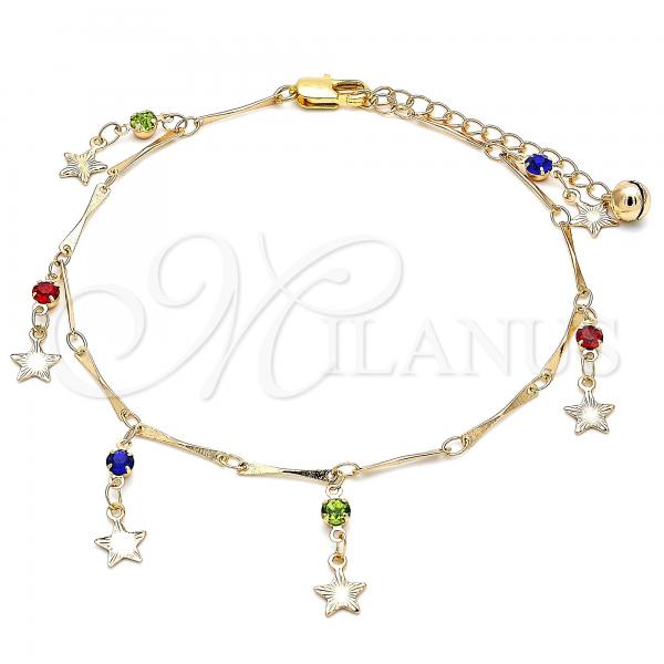 Oro Laminado Charm Anklet , Gold Filled Style Star and Rattle Charm Design, with Multicolor Crystal, Polished, Golden Finish, 03.213.0106.1.10