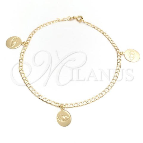Oro Laminado Charm Anklet , Gold Filled Style Evil Eye and Curb Design, Polished, Golden Finish, 03.58.0040.10