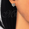 Oro Laminado Stud Earring, Gold Filled Style Heart Design, with White Micro Pave, Polished, Golden Finish, 02.156.0298