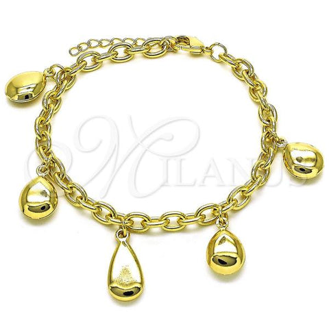 Oro Laminado Charm Bracelet, Gold Filled Style Teardrop and Rolo Design, Polished, Golden Finish, 03.213.0236.07