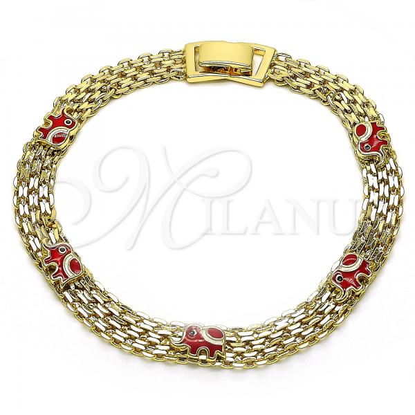 Oro Laminado Fancy Bracelet, Gold Filled Style Elephant Design, Red Enamel Finish, Golden Finish, 03.213.0156.08