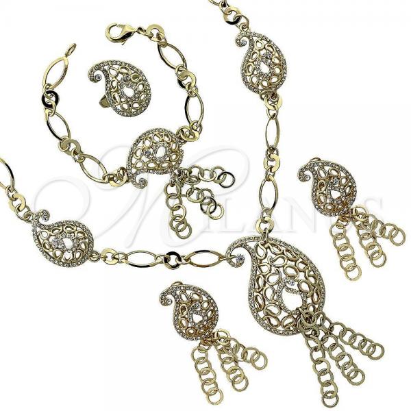 Oro Laminado Necklace, Bracelet, Earring and Ring, Gold Filled Style Filigree Design, with White Crystal, Golden Finish, 06.59.0059