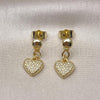 Oro Laminado Dangle Earring, Gold Filled Style Heart Design, with White Cubic Zirconia, Polished, Golden Finish, 02.156.0699