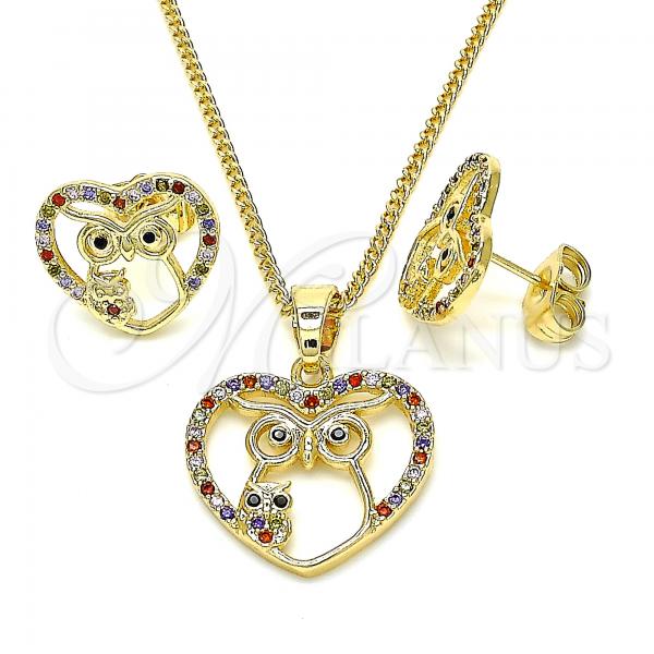 Oro Laminado Earring and Pendant Adult Set, Gold Filled Style Heart and Owl Design, with Multicolor Micro Pave, Polished, Golden Finish, 10.316.0043