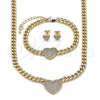 Oro Laminado Necklace, Bracelet and Earring, Gold Filled Style Heart and Miami Cuban Design, with White Cubic Zirconia, Polished, Golden Finish, 06.282.0002