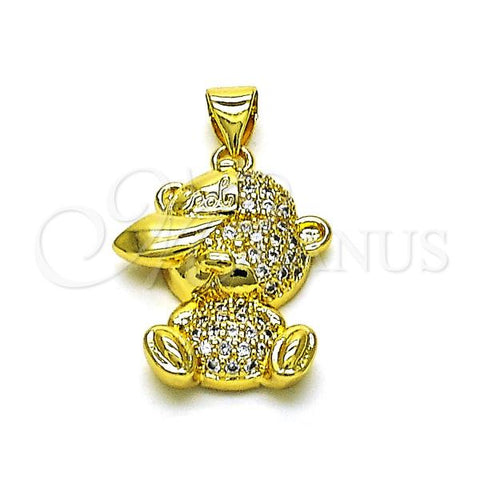 Oro Laminado Fancy Pendant, Gold Filled Style Teddy Bear Design, with White Micro Pave, Polished, Golden Finish, 05.381.0026