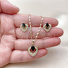 Oro Laminado Earring and Pendant Adult Set, Gold Filled Style Heart Design, with Black Cubic Zirconia and White Micro Pave, Polished, Golden Finish, 10.196.0182