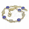 Oro Laminado Fancy Bracelet, Gold Filled Style Evil Eye and Hand of God Design, Blue Resin Finish, Golden Finish, 03.326.0007.1.06