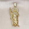 Oro Laminado Religious Pendant, Gold Filled Style San Judas Design, with White Crystal, Polished, Golden Finish, 05.411.0059