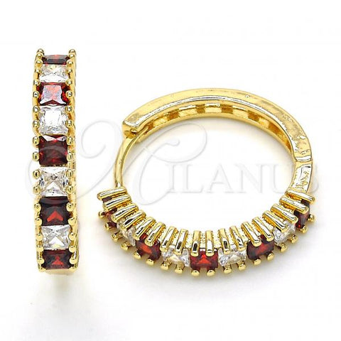 Oro Laminado Huggie Hoop, Gold Filled Style with Garnet and White Cubic Zirconia, Polished, Golden Finish, 02.210.0105.3.25