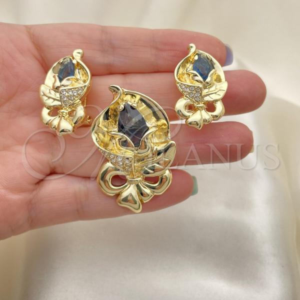 Oro Laminado Earring and Pendant Adult Set, Gold Filled Style Bow and Flower Design, with Black Cubic Zirconia and White Crystal, Polished, Golden Finish, 10.59.0193