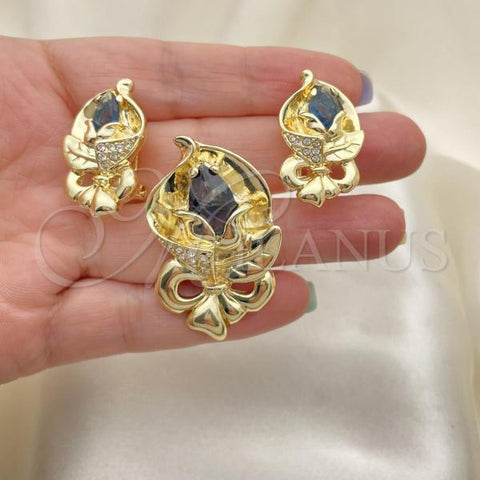 Oro Laminado Earring and Pendant Adult Set, Gold Filled Style Bow and Flower Design, with Black Cubic Zirconia and White Crystal, Polished, Golden Finish, 10.59.0193