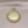 Oro Laminado Religious Pendant, Gold Filled Style Centenario Coin and Miami Cuban Design, with White Cubic Zirconia and White Micro Pave, Polished, Golden Finish, 05.213.0138