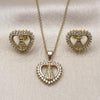 Oro Laminado Earring and Pendant Adult Set, Gold Filled Style Heart and Guadalupe Design, with White Cubic Zirconia and White Micro Pave, Polished, Golden Finish, 10.156.0521