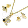 Oro Laminado Earring and Pendant Adult Set, Gold Filled Style Dragon-Fly Design, with Black Cubic Zirconia and White Micro Pave, Polished, Golden Finish, 10.199.0152.3
