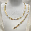 Oro Laminado Necklace and Bracelet, Gold Filled Style Diamond Cutting Finish, Tricolor, 06.102.0004