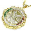 Oro Laminado Religious Pendant, Gold Filled Style Centenario Coin and Angel Design, with Multicolor Cubic Zirconia, Polished, Golden Finish, 05.253.0079.1